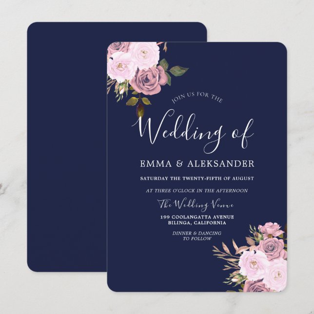 Invitation Mariage floral bleu marine et Rose or (Devant / Derrière)