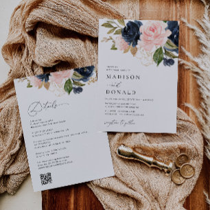 Invitation mariage floral bleu marine et roux