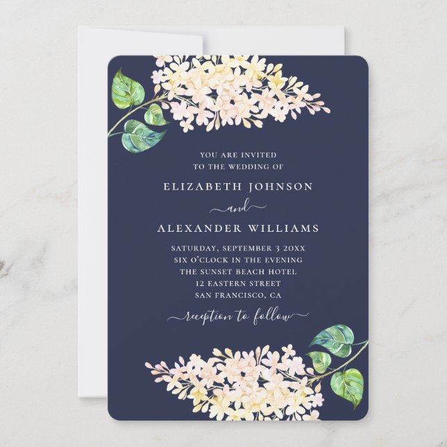 Invitation Mariage floral bleu marine. Fleurs lilas aquarelle (Devant)