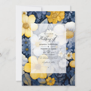 Invitation Mariage floral bleu marine, jaune et blanc