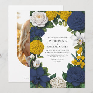 Invitation Mariage floral bleu marine, jaune moutarde et blan
