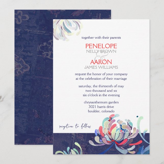 Invitation Mariage floral bleu marine moderne (Devant / Derrière)