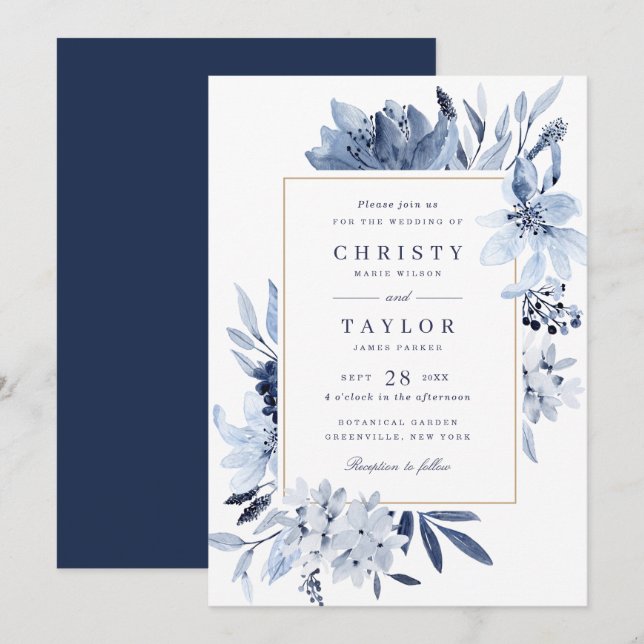 Invitation Mariage floral bleu marine moderne (Devant / Derrière)