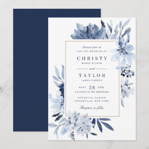 Invitation Mariage floral bleu marine moderne