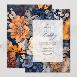 Invitation Mariage floral bleu marine, orange brûlé et champa
