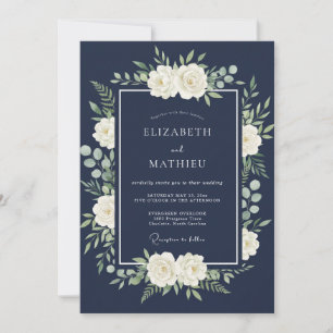 Invitation Mariage Floral Bleu Marine Poli