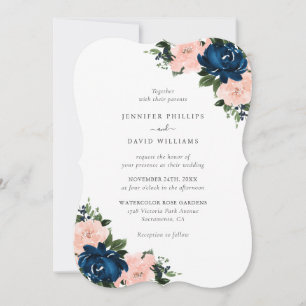 Invitation Mariage floral bleu marine rose