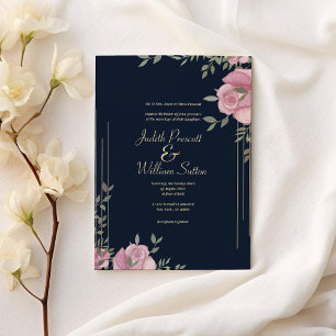 Invitation Mariage floral bleu marine rose romantique