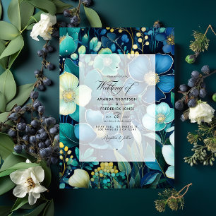 Invitation Mariage floral bleu marine, vert émeraude et argen