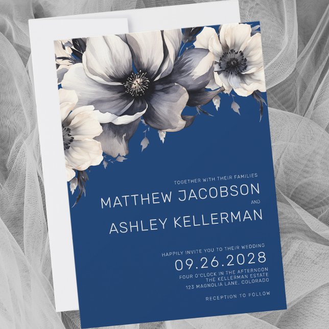 Invitation Mariage floral bleu moderne (Simple Modern Elegant Navy Blue Floral Wedding Invitation)