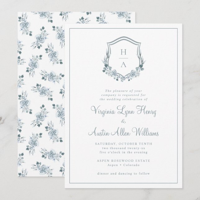 Invitation Mariage Floral bleu monogramme (Devant / Derrière)