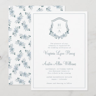 Invitation Mariage floral bleu monogramme