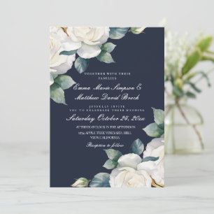 Invitation Mariage Floral Bleu Nuit & Rose Blanche