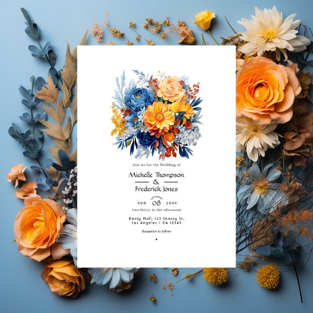 Invitation Mariage floral bleu, orange et jaune (Créateur téléchargé)