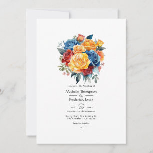 Invitation Mariage floral bleu, orange, jaune et rouge