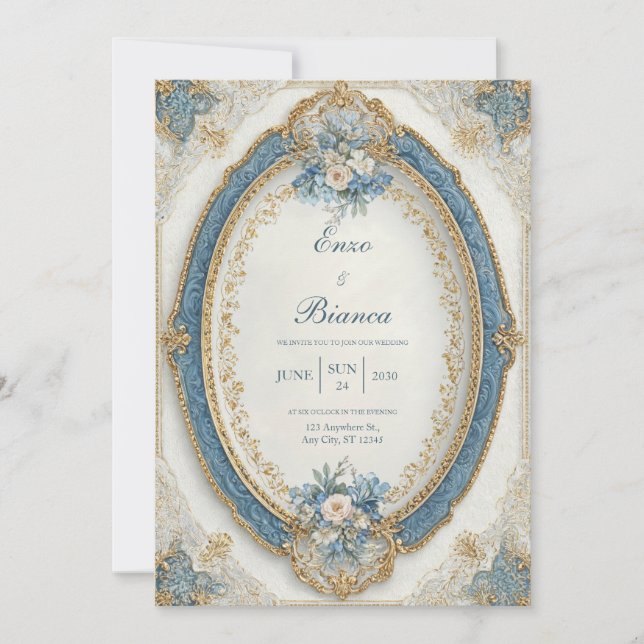 Invitation Mariage floral bleu ovale victorien (Devant)