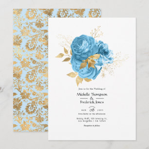 Invitation Mariage floral bleu pastel et or