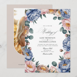 Invitation Mariage Floral Bleu Poussiéreux, Rose et Taupe Cha