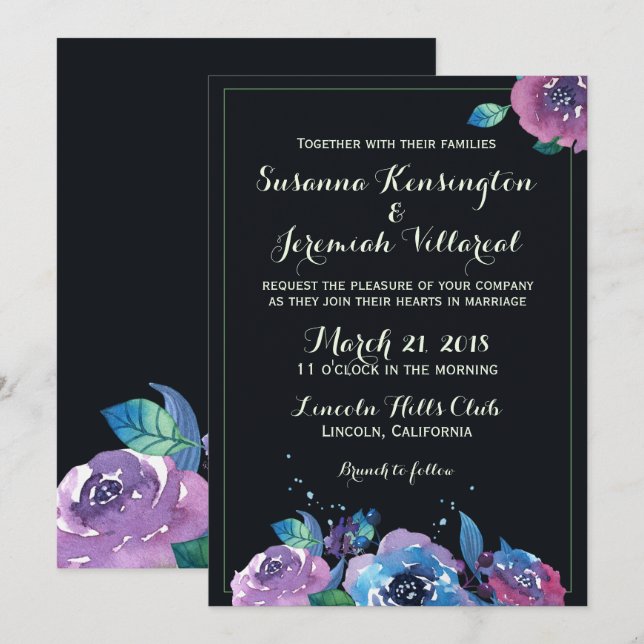 Invitation Mariage floral bleu profond pourpre (Devant / Derrière)