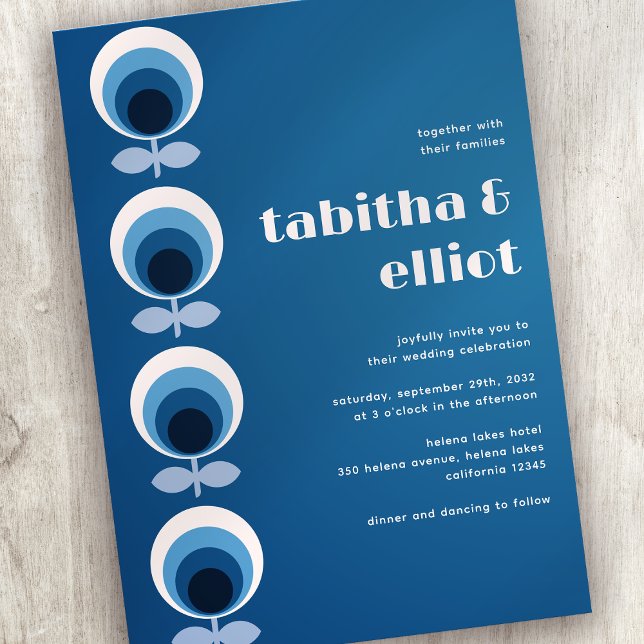 Invitation Mariage floral bleu rétro du milieu du siècle (Créateur téléchargé)
