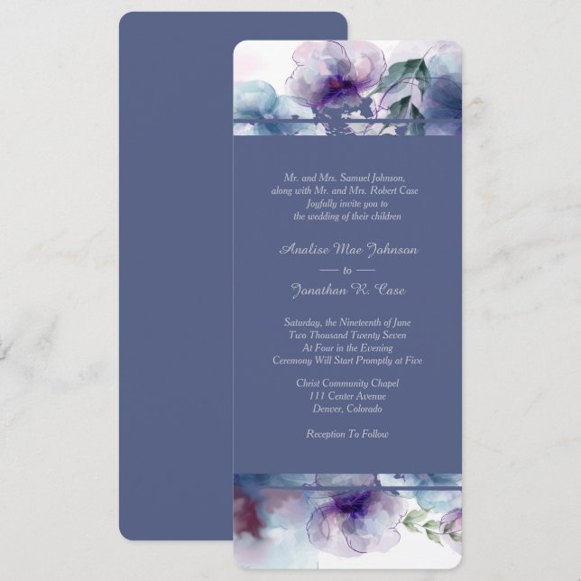 Invitation Mariage floral bleu romantique (Devant / Derrière)