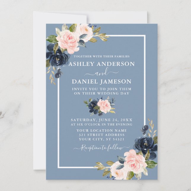 Invitation Mariage floral bleu rose bleu moderne (Devant)