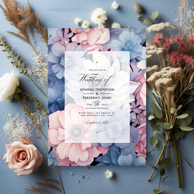 Invitation Mariage floral bleu, rose pâle et argenté (Créateur téléchargé)