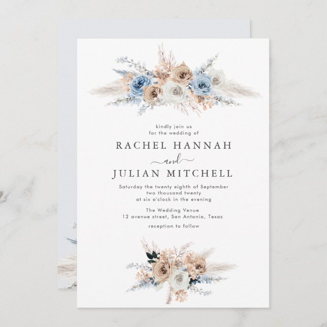 Invitation mariage floral bleu roux (Devant / Derrière)