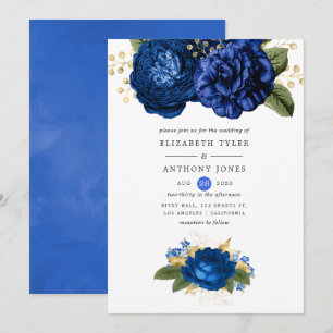 Invitation Mariage floral bleu royal et or