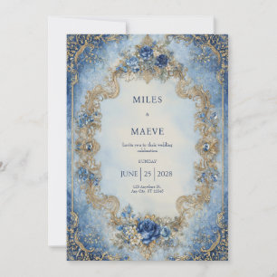 Invitation Mariage floral bleu saphir victorien royal en or