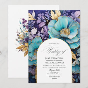 Invitation Mariage Floral Bleu Vert, Violet et Or