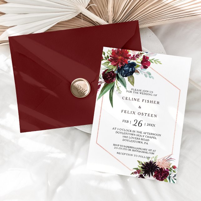 Invitation Mariage floral Blush de la marine bourguignonne mo (Créateur téléchargé)