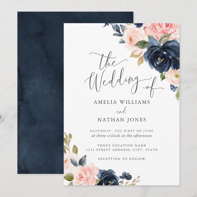 Invitation Mariage floral Blush de la marine moderne (Devant / Derrière)