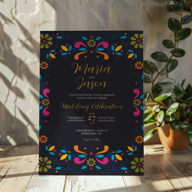 Invitation Mariage Floral Boda couleur fleur mexicaine (Mexican Black Fiesta Colorful Floral Boda Wedding Invitation)