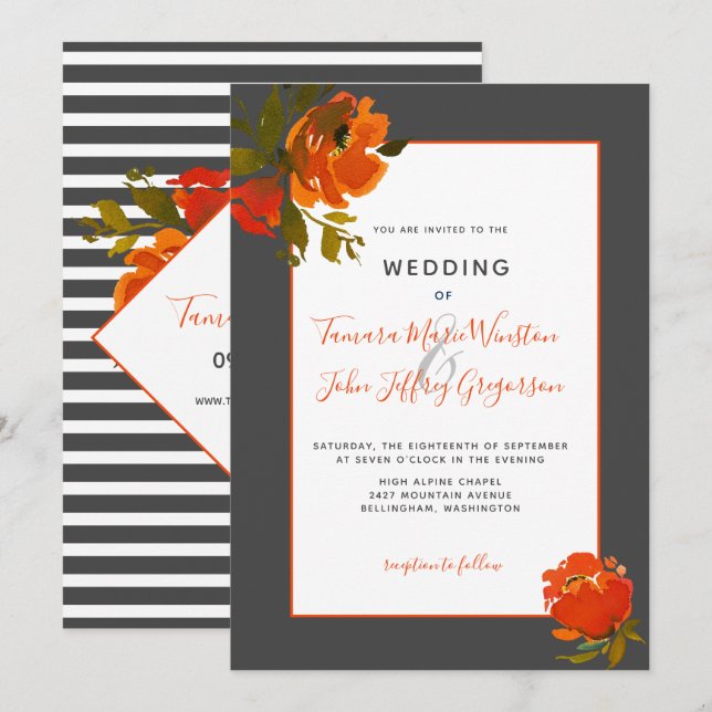 Invitation Mariage floral bohème moderne gris orange (Devant / Derrière)