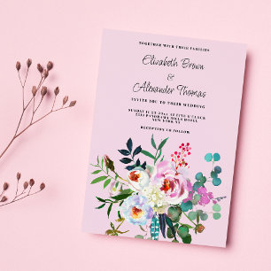 Invitation Mariage floral bohème rose blanc vert menthe pivoi