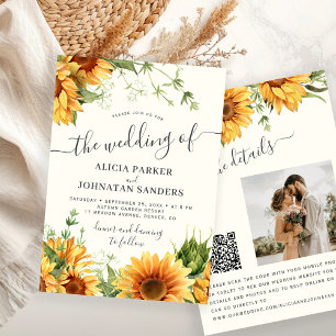 Invitation Mariage floral bohème tournesol ivoire crème