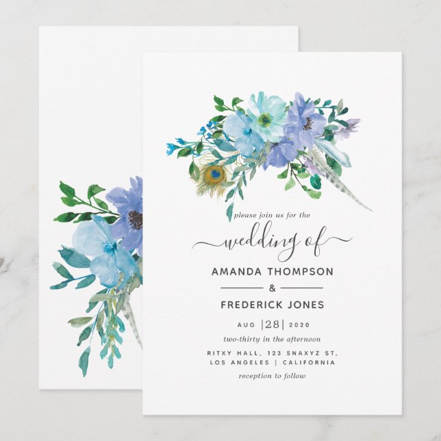 Invitation Mariage floral Boho à la menthe et à l'aquarelle b (Devant / Derrière)