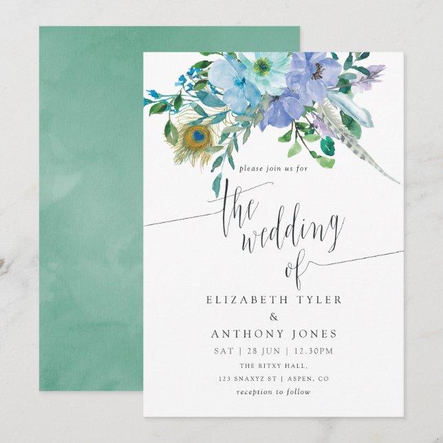 Invitation Mariage floral Boho à la menthe et à l'aquarelle b (Devant / Derrière)