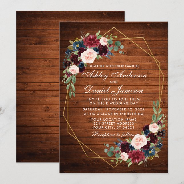Invitation Mariage Floral Bois Rustique Cadre géométrique Or (Devant / Derrière)