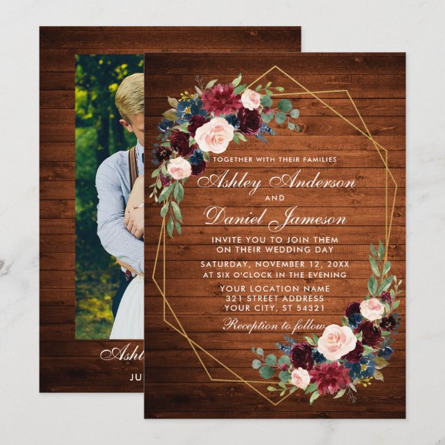 Invitation Mariage Floral Bois Rustique Photo Or géométrique (Devant / Derrière)