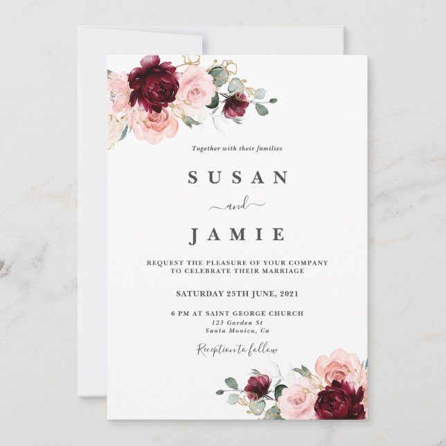 Invitation Mariage floral bordeaux et roux (Devant)