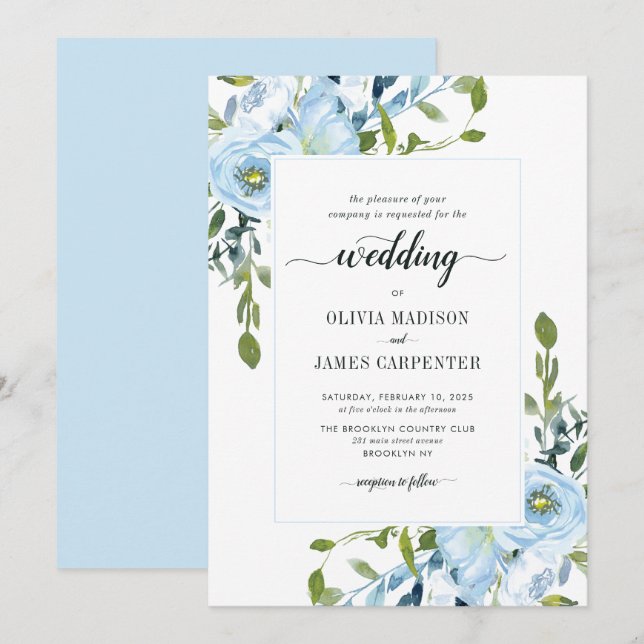 Invitation Mariage floral botanique de la Marine Bleue modern (Devant / Derrière)