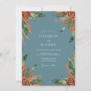 Invitation Mariage Floral Botanique en Terre Cuite Bleu Ardoi