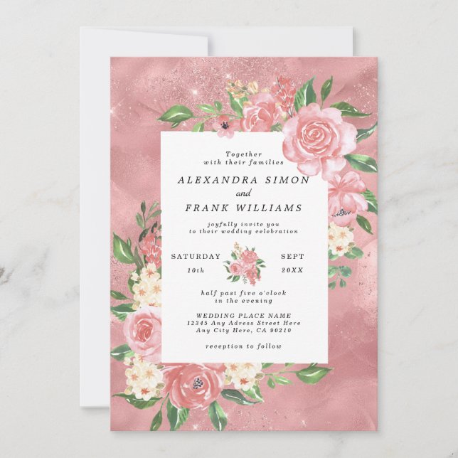 Invitation Mariage Floral Botanique Rose Gold Aquarelle Rose (Devant)