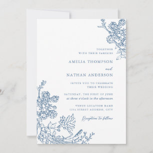 Invitation Mariage Floral Botanique Vintage Bleu Poussiéreux