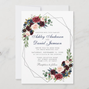 Invitation Mariage Floral Bourgogne Bleu Géométrique Argent