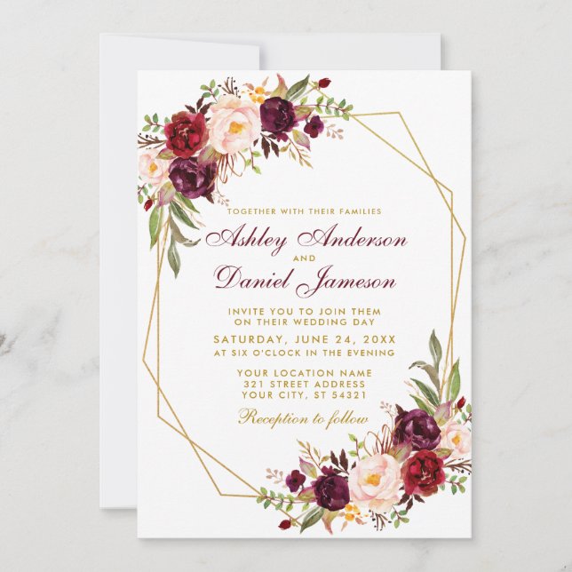Invitation Mariage Floral Bourgogne géométrique Gold Frame (Devant)