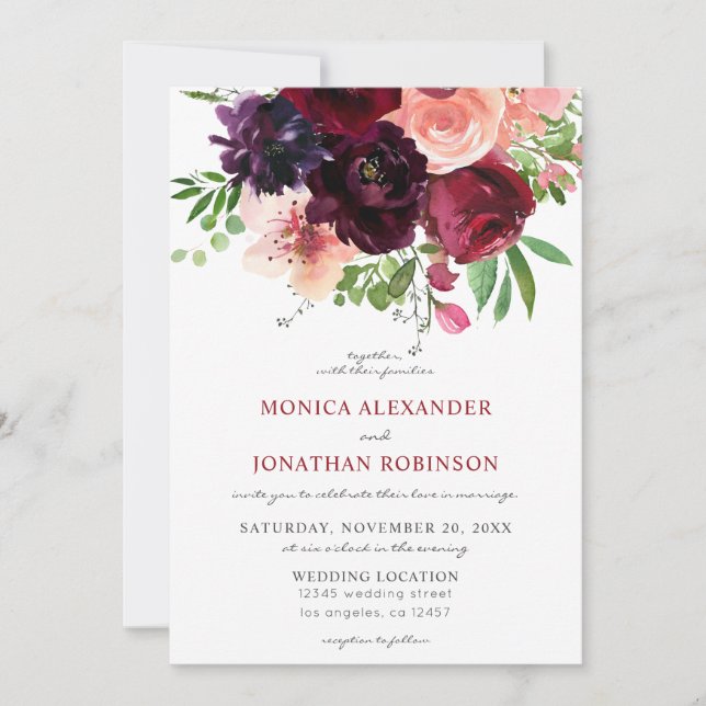 Invitation Mariage Floral Bourguignon & Blush 2 V2 (Devant)
