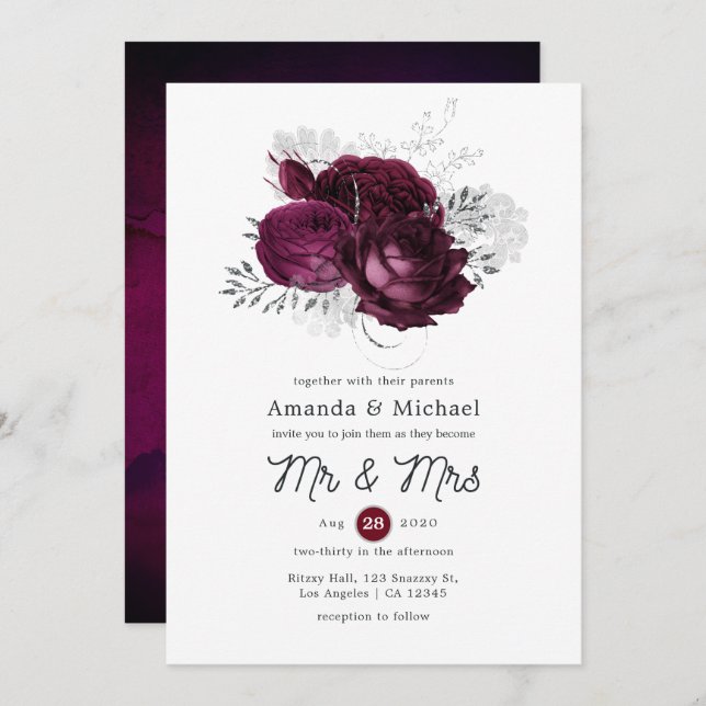 Invitation Mariage floral bourguignon et argenté (Devant / Derrière)